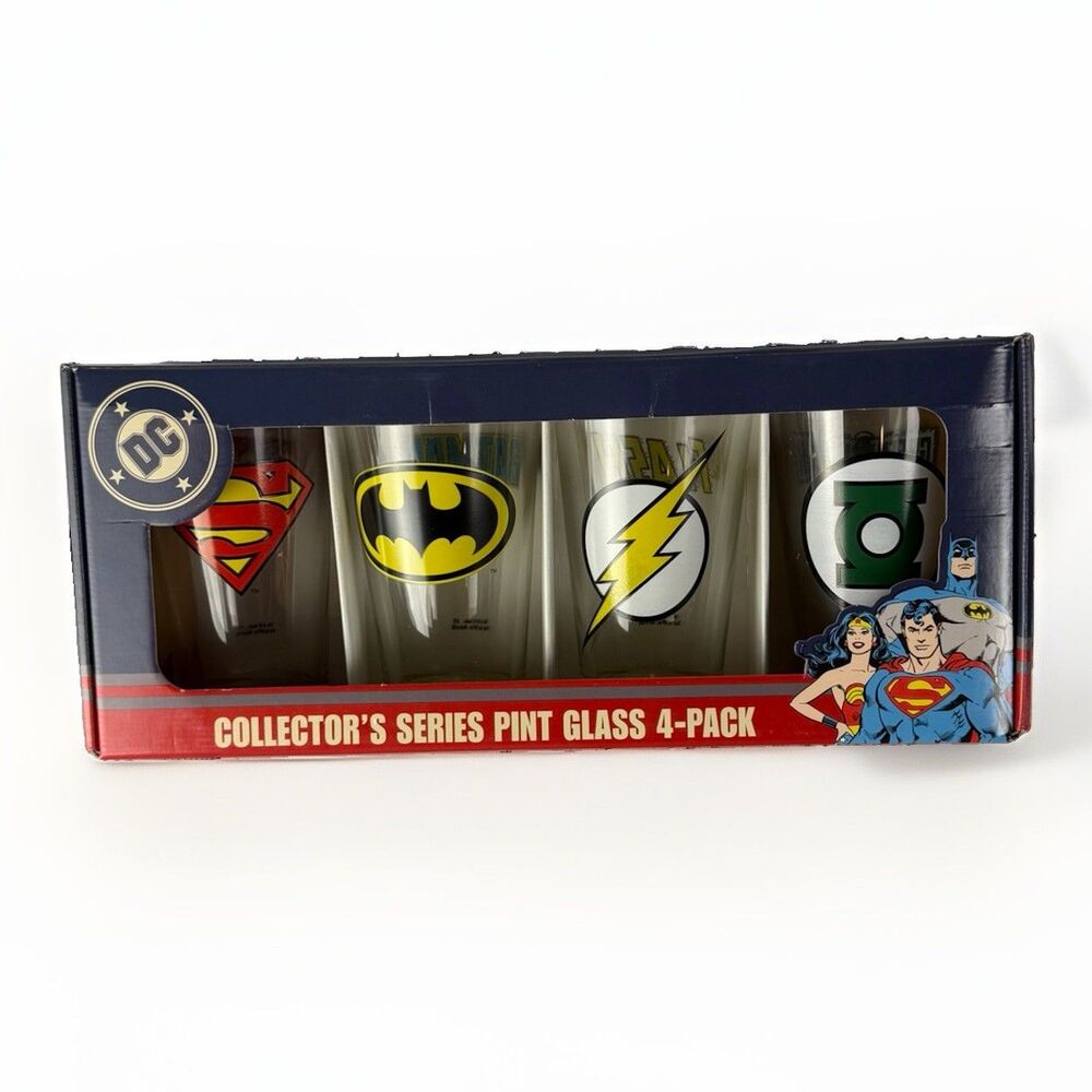 DC Comics Collectors Series Pint Glass 4 Pack Set Classic Superhero Logos New